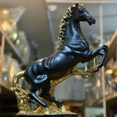 Majestic Black & Gold Jumping Horse Sculpture - Ornament