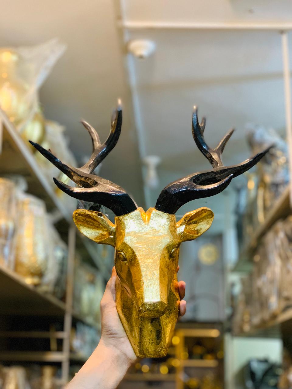 Antique Black & Gold Deer Head Wall Hanging - Front View